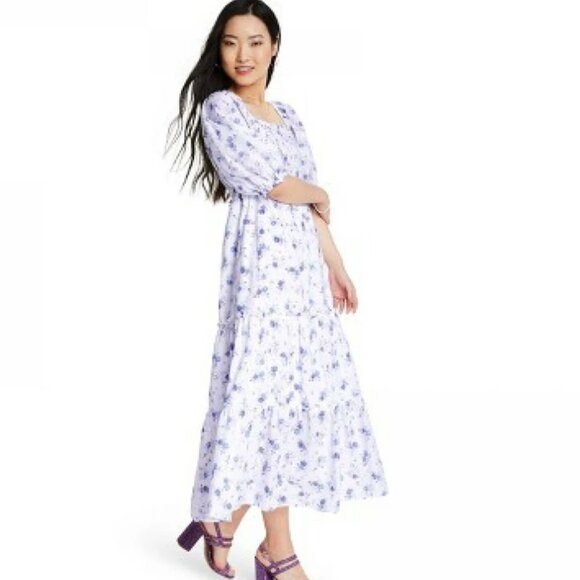 Love Shack Fancy x Target Women's Gemma Floral Ruffle Maxi Long Dress White Blue - Picture 1 of 12